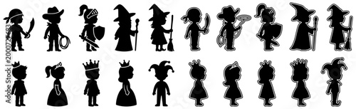 Collection of black silhouette icons depicting children dressed as various characters like pirates cowboys knights witches princesses and jesters silhouettes costume dress up