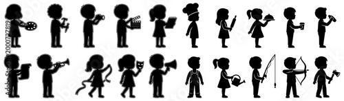 Collection of black silhouettes depicting children engaged in various professions and hobbies holding tools and objects related to their activities boy girl set icons people