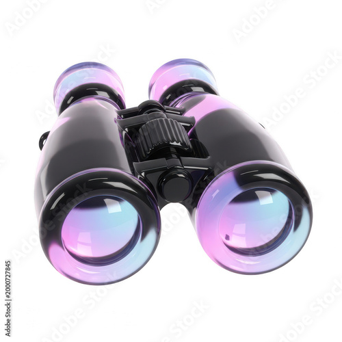 Modern black binoculars with iridescent purple lenses, professional optical equipment for bird watching, sleek 3D illustration of field glasses