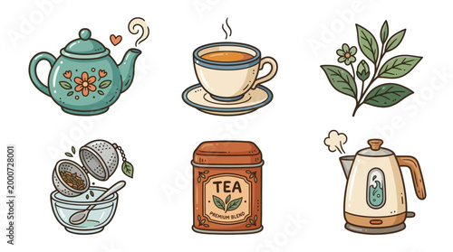 Tea and Beverage Elements Set in Hand Drawn Doodle Style