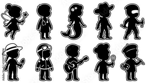 Collection of stylized black silhouettes representing diverse professions and mythical characters with outlined edges on a clean background child career fantasy fairy doctor