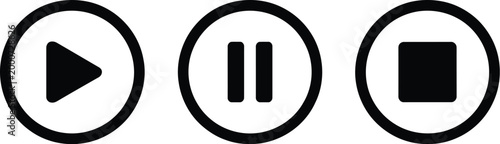 Media control buttons icon set, play pause stop icons representing audio video player interface and multimedia control elements in flat vector style.