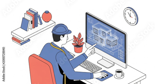 Architect designs building on computer screen at desk.