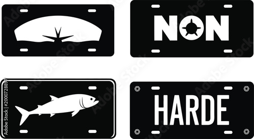 set of four license plates with various designs