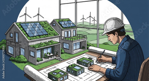 Architect designs sustainable eco-friendly housing with solar panels and wind turbines.