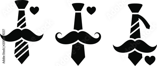 mustache and tie icons with hearts on white background