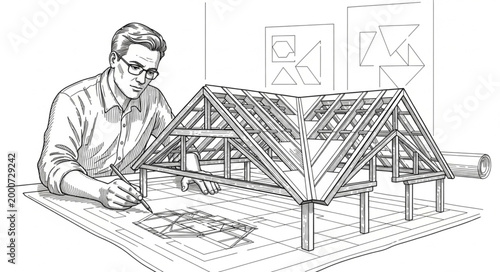 Architect designs a detailed roof truss model on a table.