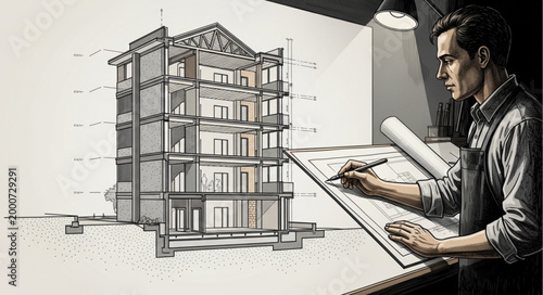 Architect drawing a building blueprint on a drafting table.