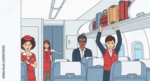 Airline flight attendants serving passengers.