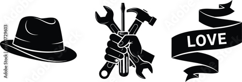 vector illustrations of hat tools and love banner