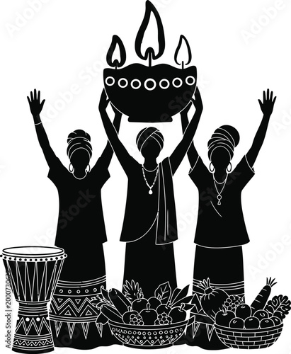 three women holding candle bowl with drum and fruit baskets silhouette