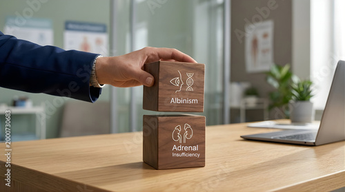 Healthcare executive hand stacking wooden blocks with medical concepts on modern office desk, rare disease awareness and diagnostic framework visualization