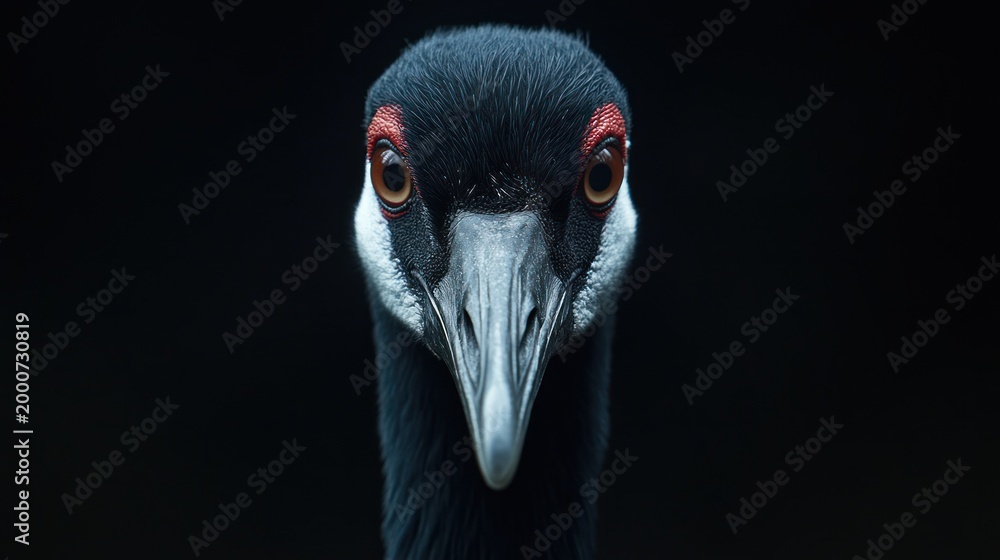 Fototapeta premium Close-up crane portrait, dark background, wildlife photography, possible use for nature prints