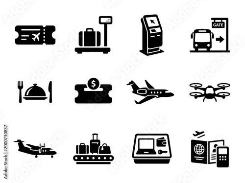 Vacation air travel icon set with beach luggage and aircraft