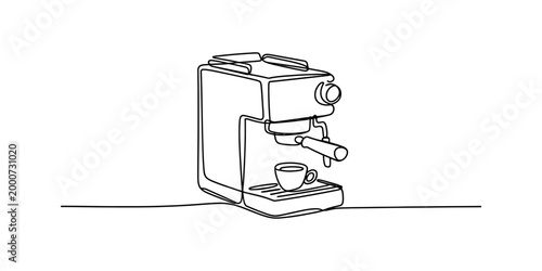 Single line drawing of an espresso machine making coffee with a cup Vector, illustration