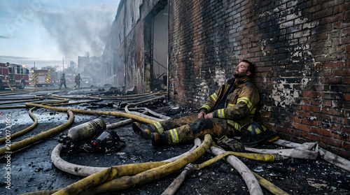 An exhausted firefighter, covered in soot and grime, leans against a burnt brick wall, resting after courageously battling a dangerous structure fire.