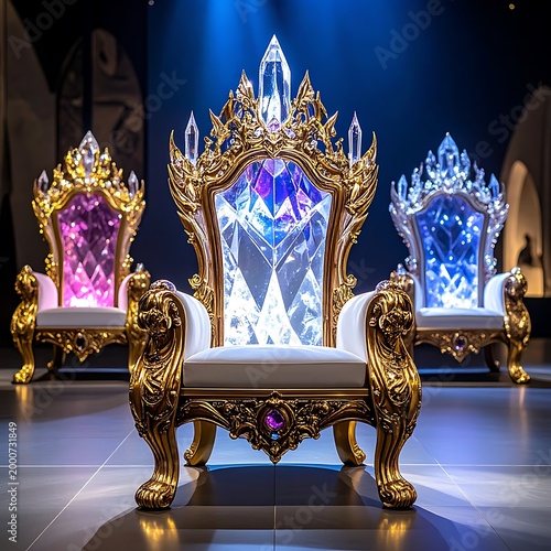 Three ornate thrones with white cushions and gold frames