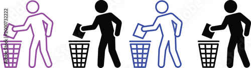 Illustrations of people disposing waste into different types of bins