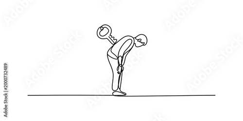 Person with wind-up key on back, bent over, single line drawing Vector, illustration