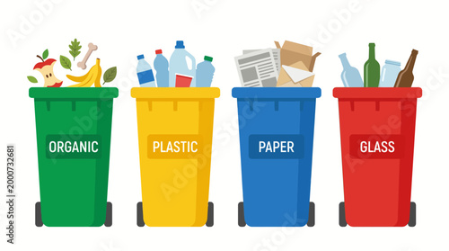 Four colorful recycling bins for organic, plastic, paper, and glass waste.