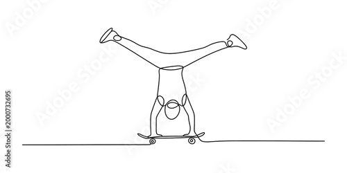 Single line drawing of a person doing a handstand on a skateboard Vector, illustration