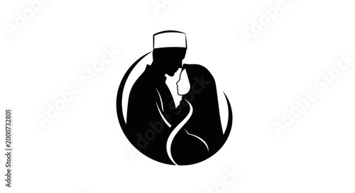 Silhouette of a couple embracing inside a circular frame, romantic concept.