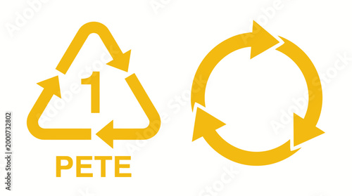 PETE 1 recycling symbol and universal recycling symbol in yellow.