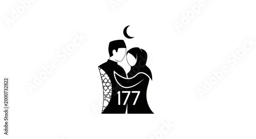 Silhouette of a couple embracing under a crescent moon, with the number 177.
