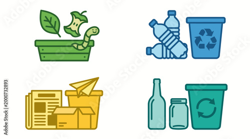Recycling and Waste Sorting Icons for Organic, Plastic, Paper, and Glass Materials.