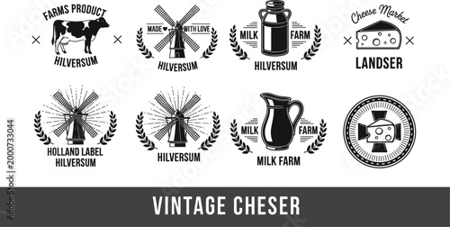 Vintage Dairy Product and Cheese Farm Logos with Milk, Windmills, and Dutch Heritage for Branding, Packaging, and Retro Designs