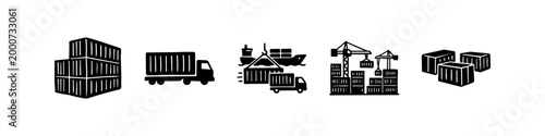 Set of hand-drawn logistics and shipping icons featuring containers, trucks, cargo ships, and port cranes. Ideal for supply chain, global trade, and transportation concepts.