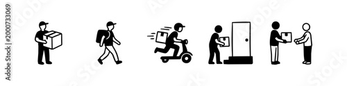 Set of minimalist black and white delivery icons showing a courier carrying, walking, riding a scooter, at the door, and handing a package to a customer. Ideal for logistics and e-commerce design.