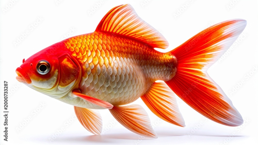 Fototapeta premium 白背景に映える更紗金魚（オランダ獅子頭タイプ）の鮮やかな色彩 Vibrant Sarasa Goldfish (Oranda-style) isolated on a pure white background
