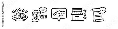 Hand-drawn doodle icons for customer reviews and ratings. Set of line art symbols featuring food stars, business testimonials, and verified feedback for marketing and web design.