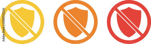 Security, shield prohibition icon set, black and white minimalist symbols of blocked access protection restriction cyber defense privacy control and safety warning design elements.