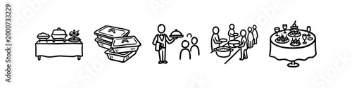 Hand-drawn catering and food service icon set featuring buffet tables, waiters serving guests, and festive party platters. Minimalist black line art for event planning and hospitality.