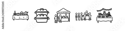 Set of hand-drawn icons representing catering services, buffet tables, food stalls, and event dining. Ideal for menu design, party planning, and food industry branding in a minimalist style.