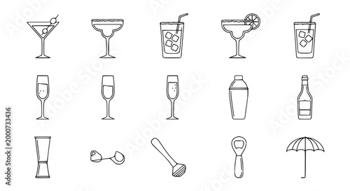 Cocktail Icons Set: Drinks, Glasses, and Bar Tools - Line Art