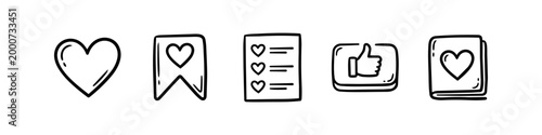 Set of hand-drawn doodle icons for social media and e-commerce. Features a heart, bookmark, wishlist, like button, and favorites folder. Minimalist black outline sketches on white background.