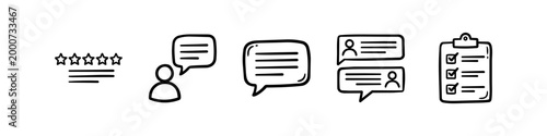 Set of hand-drawn doodle icons for communication, feedback, and reviews, featuring speech bubbles, star ratings, a user profile, and a checklist on white background.