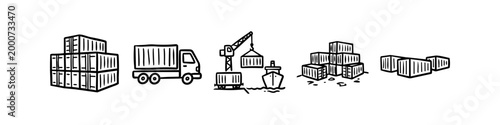 Set of hand-drawn logistics and shipping icons including cargo containers, delivery truck, crane, and ship. Minimalist black line art illustration for global trade and supply chain concepts.