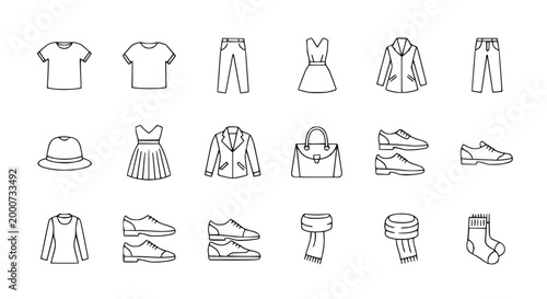 Collection of Clothing and Accessories Icons, Vector Line Art