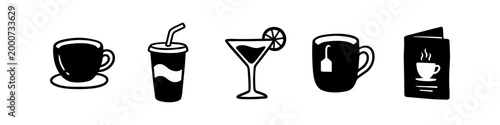 A set of five hand-drawn beverage icons including a coffee cup, takeaway drink, martini glass, tea mug, and a menu. Black ink style illustrations ideal for cafe and restaurant branding.