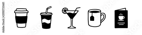 Vector set of hand-drawn beverage icons featuring coffee, soda, a cocktail, tea mug, and restaurant menu. Black and white minimalist doodle illustrations for cafe and bar branding designs.