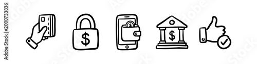 Set of hand-drawn finance and banking doodle icons including credit cards, secure padlock, mobile wallet, bank building, and thumbs-up approval sign on a white background.