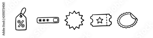 Hand-drawn shopping icons set featuring a discount tag, promo code box, starburst badge, ticket, and peeled sticker. Minimalist black line art doodles on a plain white background.