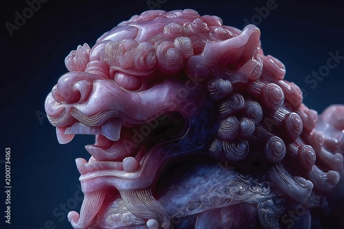 Guardian Lion: A close-up view of a meticulously crafted, elegant Guardian Lion sculpture. It showcases intricate detail and traditional artistry, exuding power, protection, and cultural significance.