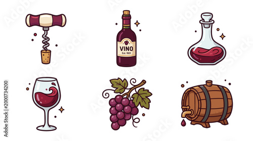 Wine and Winery Elements Set in Hand Drawn Doodle Style