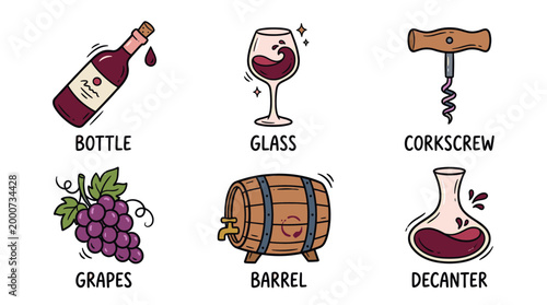 Wine and Winery Elements Set in Hand Drawn Doodle Style