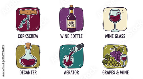 Wine and Winery Elements Set in Hand Drawn Doodle Style